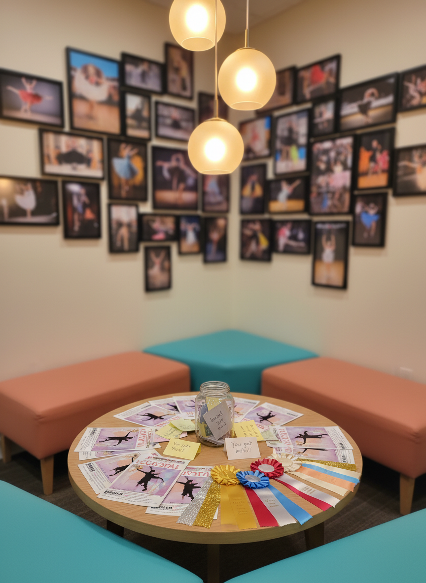 A cozy community corner in the dance studio lobby, featuring a low, circular table covered with colorful recital programs, competition ribbons neatly fanned out, and a clear jar filled with handwritten note cards of encouragement. Surrounding the table are modern, cushioned benches in playful hues of turquoise and coral, with a wall behind displaying an artful collage of blurred, framed dance photos. Warm pendant lighting overhead casts a soft, inviting glow, creating gentle pools of light on the table and benches. Photographic realism, shot at eye level with moderate depth of field to keep the foreground crisp and the photo wall subtly out of focus. The mood is friendly and inclusive, highlighting the studio’s emphasis on community, support, and building confident humans.