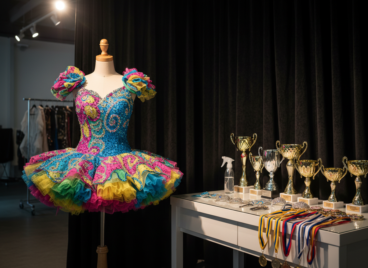 A competition-ready costume preparation corner, featuring a dress form wearing a dazzling, rhinestone-studded dance costume with layers of brightly colored fabric, sequins catching the light in intricate patterns. Next to it, a tidy vanity table holds glittery hair accessories, a spray bottle, and a lineup of polished trophies and medals, their metallic surfaces gleaming. The setting is a backstage-style nook of the studio, with a black curtain partially visible and a garment rack in soft focus behind. Focused overhead spotlights create sparkling highlights and dramatic shadows on the costume and trophies. Photographic realism, framed at mid-level with a rule-of-thirds composition. The atmosphere is charged with anticipation and achievement, capturing the excitement of competitions and performances.
