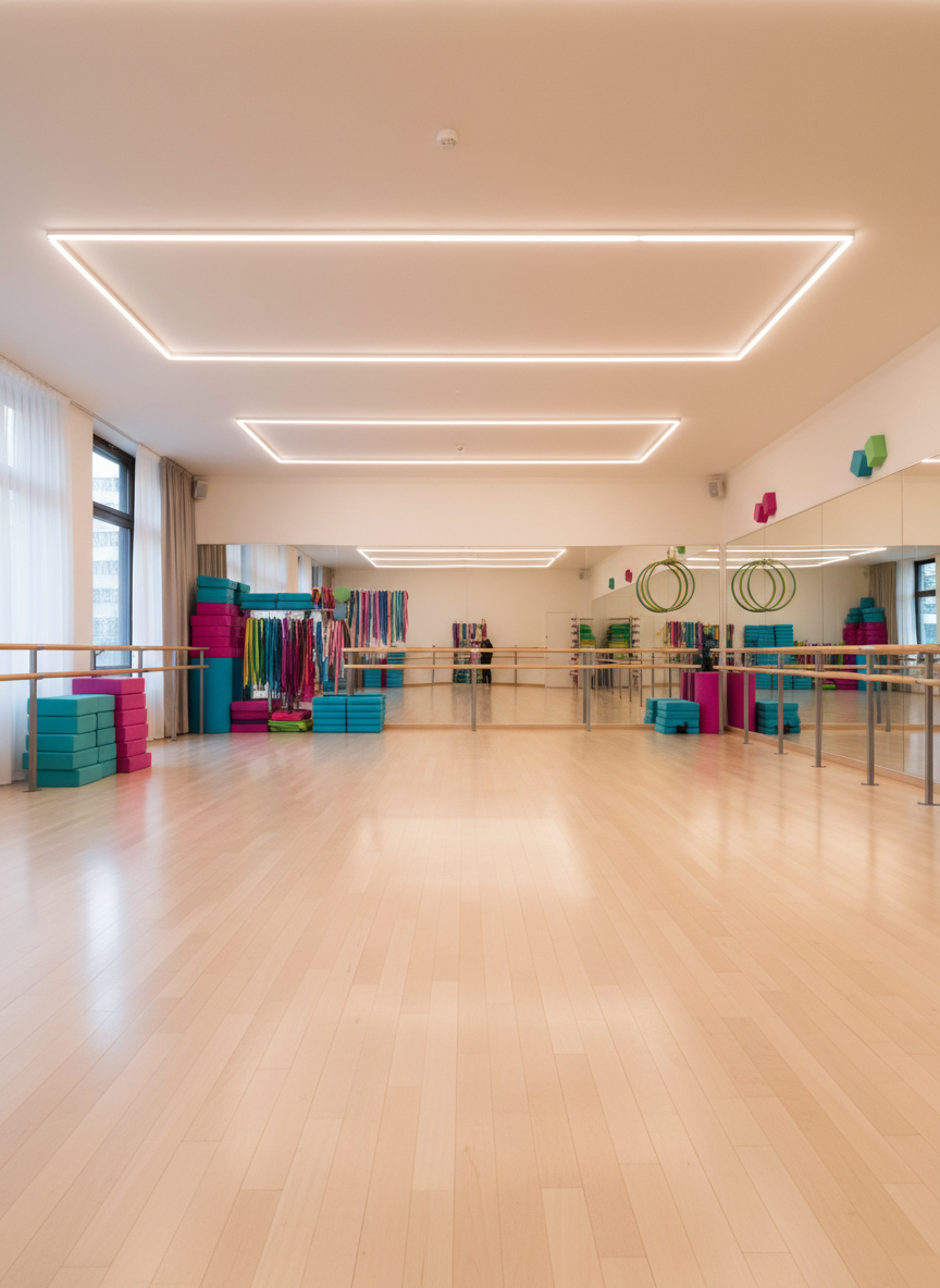 A spacious, modern dance studio with pristine, light wood floors stretching toward a mirrored wall, where the reflections of colorful practice props rest in neat rows. Sleek, wall-mounted ballet barres run parallel to the mirror, and bright stacks of foam blocks, ribbons, and practice hoops line one side. Warm, diffused ceiling lights cast even illumination across the room, creating soft reflections in the polished floor. Photographic realism, shot from an eye-level, wide-angle perspective to showcase the full space and sense of openness. The mood is welcoming and playful, emphasizing a professional yet friendly environment where all styles of dance can flourish, with vibrant accents of teal, magenta, and lime subtly scattered throughout the decor.