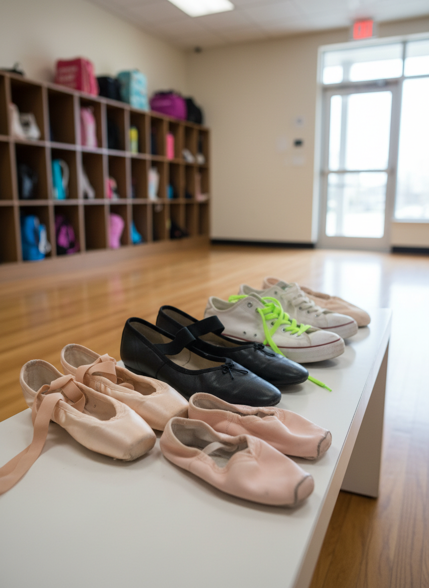 A neatly arranged row of dance footwear displayed on a low, matte white bench in a studio lobby: satin pointe shoes with carefully tied ribbons, flexible jazz shoes, well-worn sneakers with bright laces, and soft ballet slippers, each showing subtle signs of real practice. Behind them, a blurred backdrop reveals cubbies with colorful dance bags and a polished wood floor leading toward the studio entrance. Soft studio lighting from overhead mixes with a gentle glow from a nearby window, creating natural highlights on the different textures. Photographic realism, shallow depth of field and a slightly elevated angle focus attention on the shoes. The atmosphere feels energetic yet organized, symbolizing the variety of classes and ages at the dance studio.