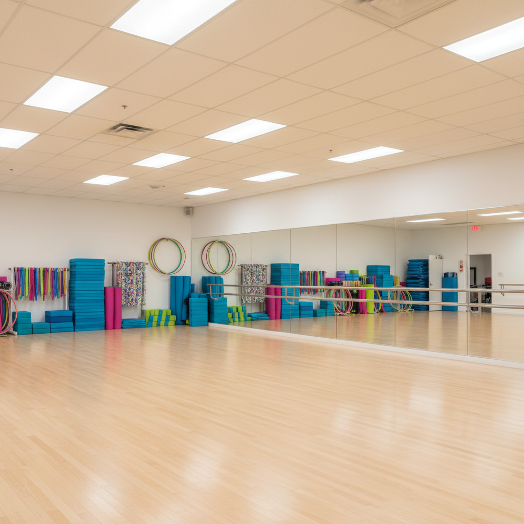 A spacious, modern dance studio with pristine, light wood floors stretching toward a mirrored wall, where the reflections of colorful practice props rest in neat rows. Sleek, wall-mounted ballet barres run parallel to the mirror, and bright stacks of foam blocks, ribbons, and practice hoops line one side. Warm, diffused ceiling lights cast even illumination across the room, creating soft reflections in the polished floor. Photographic realism, shot from an eye-level, wide-angle perspective to showcase the full space and sense of openness. The mood is welcoming and playful, emphasizing a professional yet friendly environment where all styles of dance can flourish, with vibrant accents of teal, magenta, and lime subtly scattered throughout the decor.