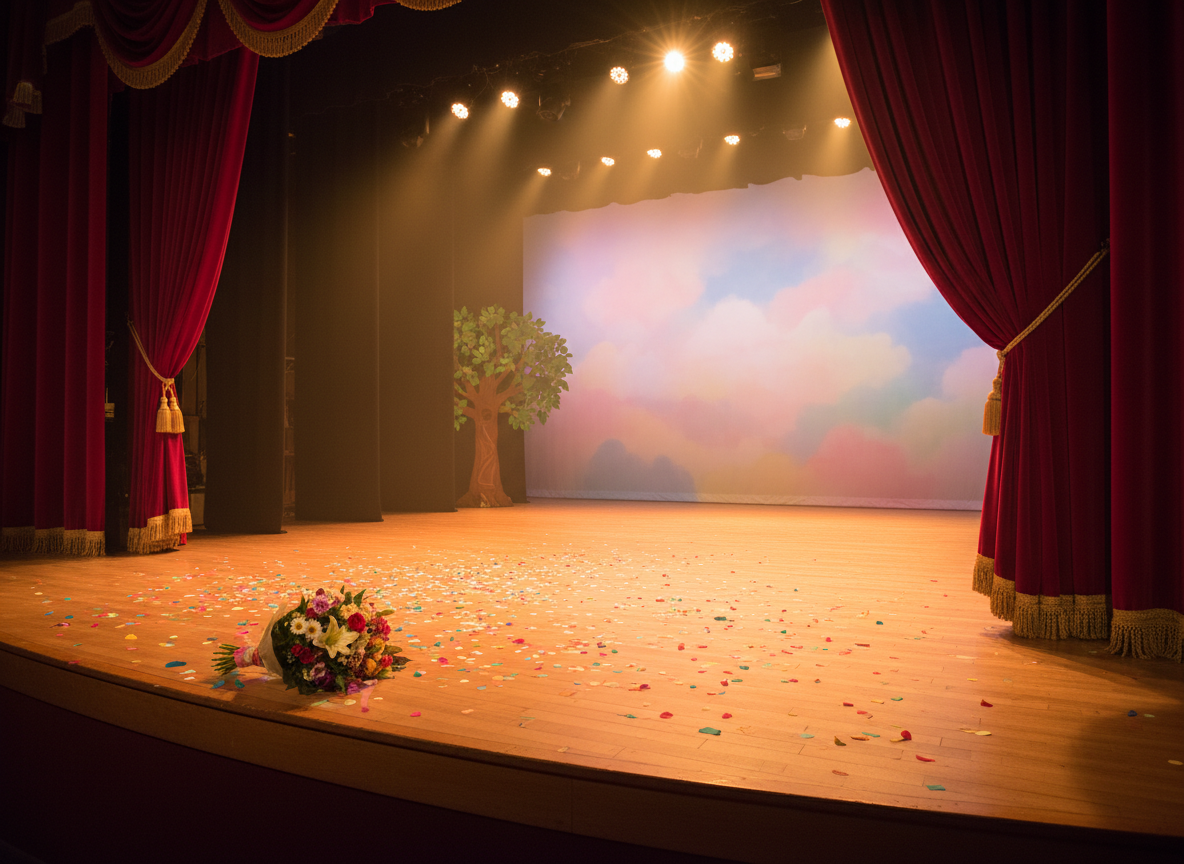 A joyful recital moment suggested through stage elements only: a warmly lit wooden stage with a scattering of colorful confetti across the floor, a bouquet of flowers resting near the front edge, and an open velvet curtain framing the scene. In the background, the faint outline of a prop tree and a painted backdrop of soft pastel clouds add whimsy. Golden stage lights from above cast a glowing wash across the floor, creating gentle shadows in the folds of the curtain. Photographic realism, shot from the wings at a slight diagonal angle, as if peeking onto the stage. The mood is celebratory and heartwarming, evoking proud families and confident dancers taking their bows, while keeping the focus on the environment and symbolic objects.