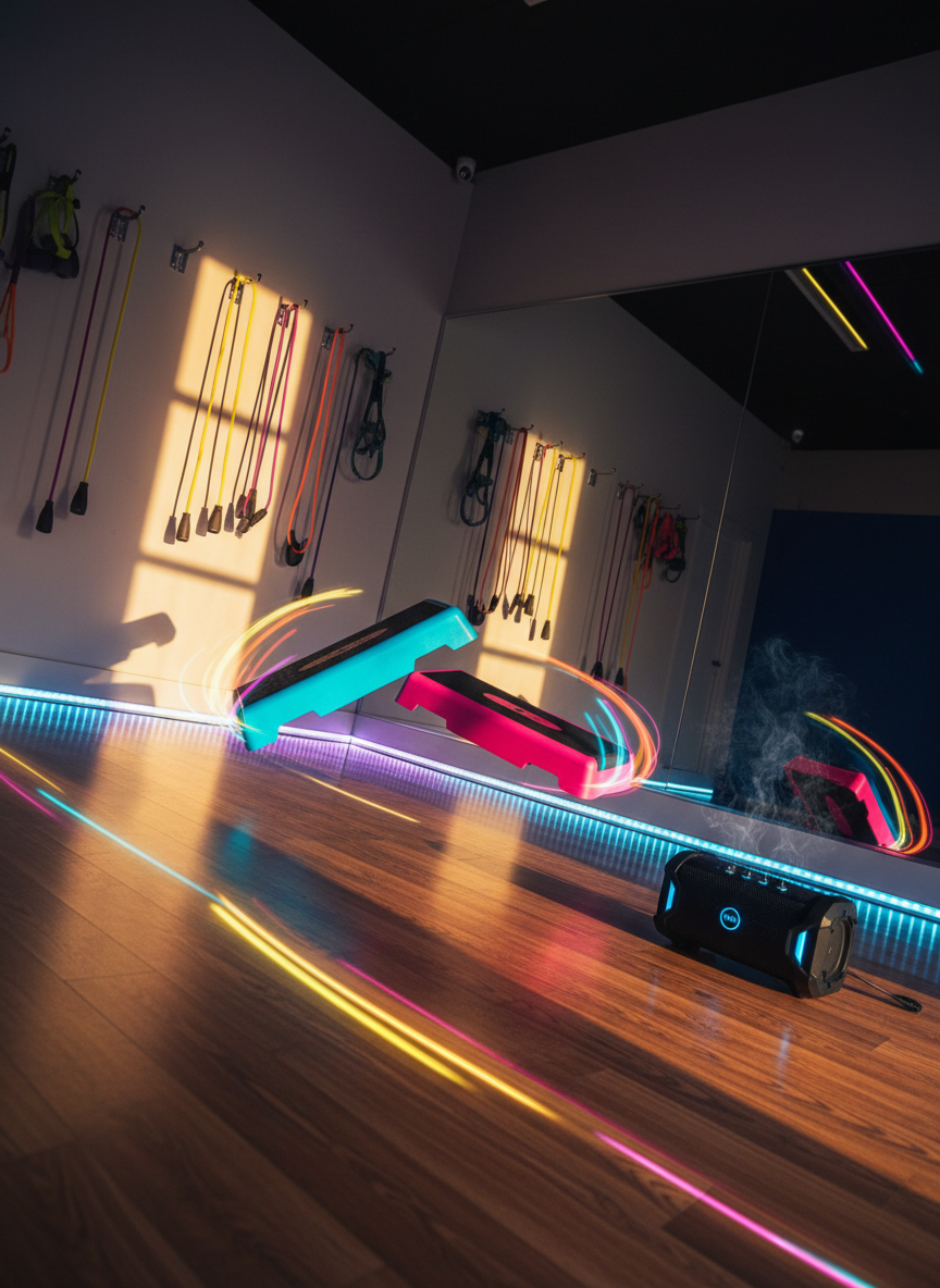An electrifying Zumba class scene represented through dynamic motion props in an empty studio: vivid neon fitness steps, bright resistance bands mid-swing on wall hooks, and a portable Bluetooth speaker resting on the floor, as if music just paused. The polished wood floor reflects streaks of vibrant color from LED strip lights along the baseboards, while a large mirror doubles the energetic setup. Dramatic side lighting with a warm tone suggests late-afternoon high energy, casting elongated, rhythmic shadows. Photographic realism, captured from a low-angle, slightly tilted composition to emphasize movement and intensity. The mood is exuberant, sweaty, and fun, evoking the heart-pumping atmosphere of adult Zumba without showing people, perfect for highlighting the studio’s lively fitness offerings.