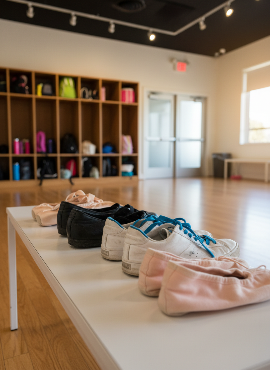 A neatly arranged row of dance footwear displayed on a low, matte white bench in a studio lobby: satin pointe shoes with carefully tied ribbons, flexible jazz shoes, well-worn sneakers with bright laces, and soft ballet slippers, each showing subtle signs of real practice. Behind them, a blurred backdrop reveals cubbies with colorful dance bags and a polished wood floor leading toward the studio entrance. Soft studio lighting from overhead mixes with a gentle glow from a nearby window, creating natural highlights on the different textures. Photographic realism, shallow depth of field and a slightly elevated angle focus attention on the shoes. The atmosphere feels energetic yet organized, symbolizing the variety of classes and ages at the dance studio.