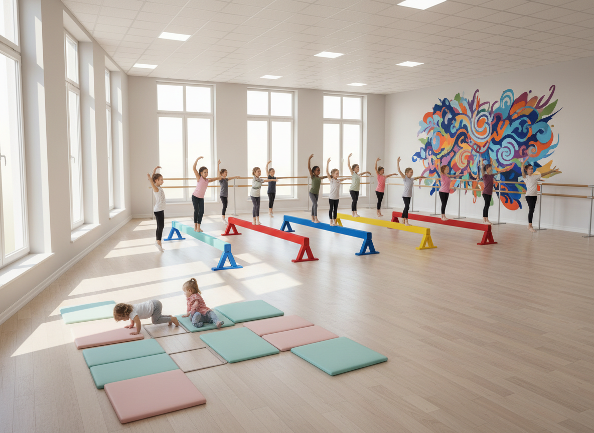A cheerful, multi-age class environment represented through color-coded props: small pastel tumbling mats, medium-sized balance beams in bold primary colors, and tall, adjustable barres, all arranged in distinct sections across a bright, airy studio. On the far wall, a large, abstract mural of rhythmic shapes and swirls adds playful energy without depicting people. Natural afternoon light floods through high windows, mingling with soft overhead fixtures to create an even, vibrant illumination. Photographic realism, captured from a slightly elevated corner angle to show the thoughtful layout and progression from beginner to advanced areas. The atmosphere feels supportive and community-focused, illustrating how the studio nurtures children, teens, and adults at different stages of their dance journey.