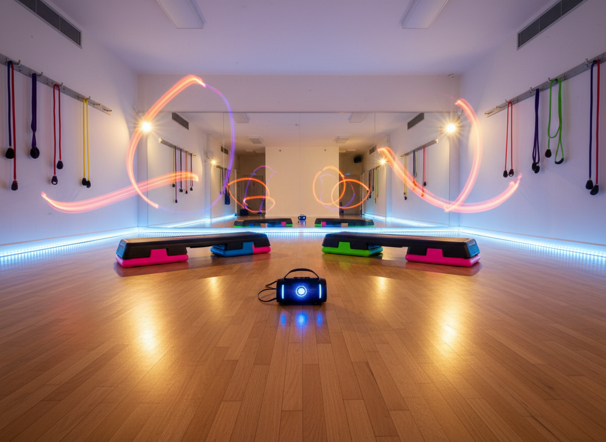 An electrifying Zumba class scene represented through dynamic motion props in an empty studio: vivid neon fitness steps, bright resistance bands mid-swing on wall hooks, and a portable Bluetooth speaker resting on the floor, as if music just paused. The polished wood floor reflects streaks of vibrant color from LED strip lights along the baseboards, while a large mirror doubles the energetic setup. Dramatic side lighting with a warm tone suggests late-afternoon high energy, casting elongated, rhythmic shadows. Photographic realism, captured from a low-angle, slightly tilted composition to emphasize movement and intensity. The mood is exuberant, sweaty, and fun, evoking the heart-pumping atmosphere of adult Zumba without showing people, perfect for highlighting the studio’s lively fitness offerings.