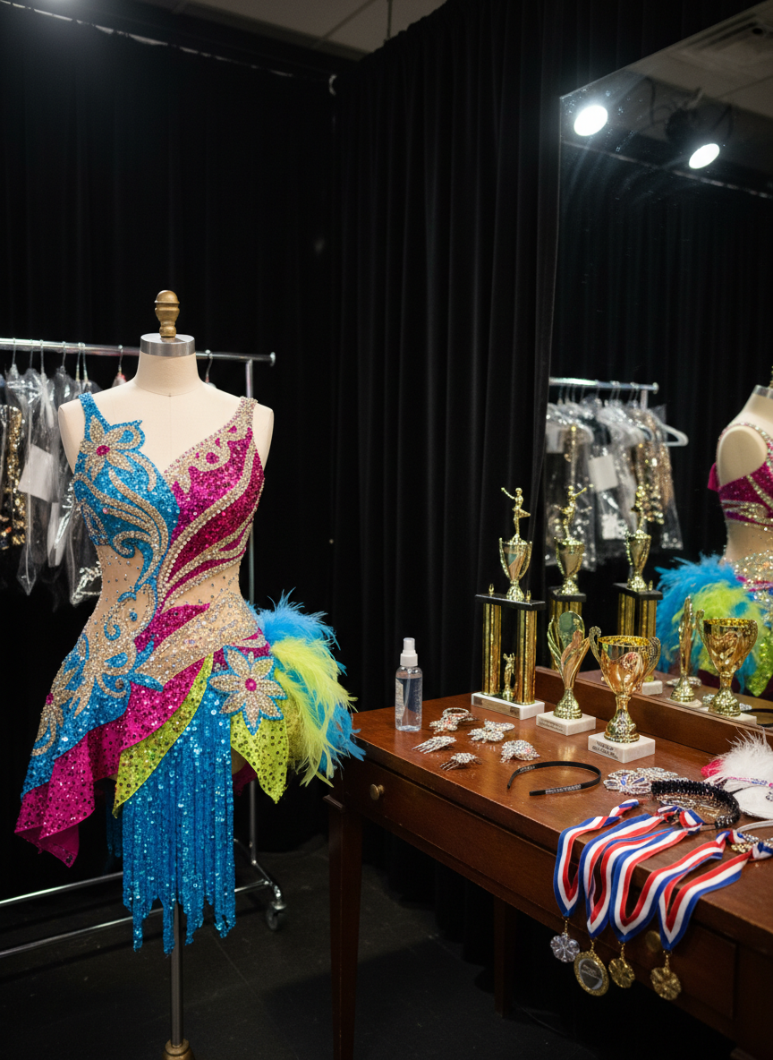 A competition-ready costume preparation corner, featuring a dress form wearing a dazzling, rhinestone-studded dance costume with layers of brightly colored fabric, sequins catching the light in intricate patterns. Next to it, a tidy vanity table holds glittery hair accessories, a spray bottle, and a lineup of polished trophies and medals, their metallic surfaces gleaming. The setting is a backstage-style nook of the studio, with a black curtain partially visible and a garment rack in soft focus behind. Focused overhead spotlights create sparkling highlights and dramatic shadows on the costume and trophies. Photographic realism, framed at mid-level with a rule-of-thirds composition. The atmosphere is charged with anticipation and achievement, capturing the excitement of competitions and performances.